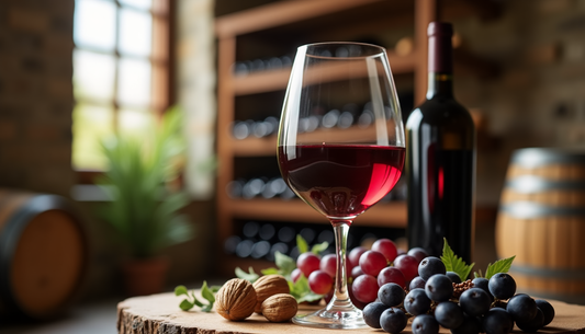 Wine Glass on table with Grapes