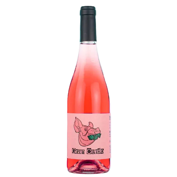 Pink wine bottle with a pig illustration and 'Gran Cerdo' text on a white background