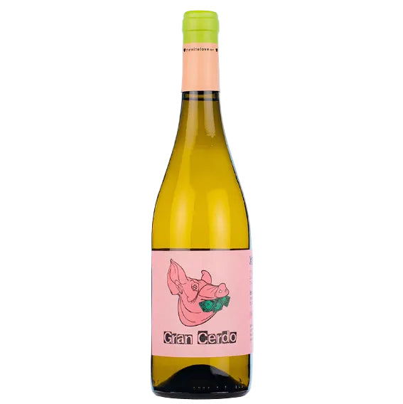 Wine bottle with pink label featuring a pig illustration on a white background