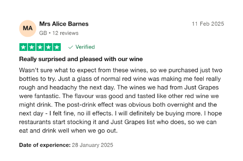 Product review from Mrs Alice Barnes for Just Grapes wine with a star rating and date.